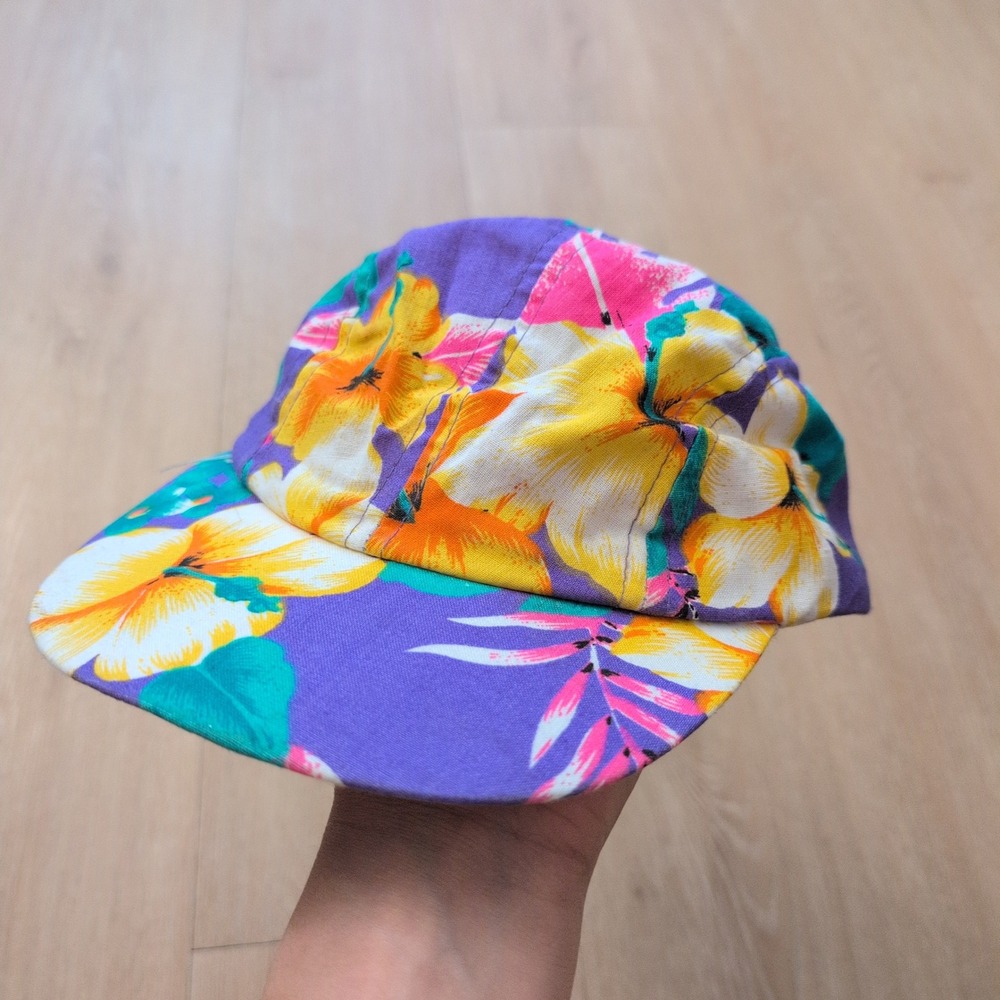 Vintage Tropical Floral Painter Cap Purple Hibiscus Snapback Hat Retro 90s Surf